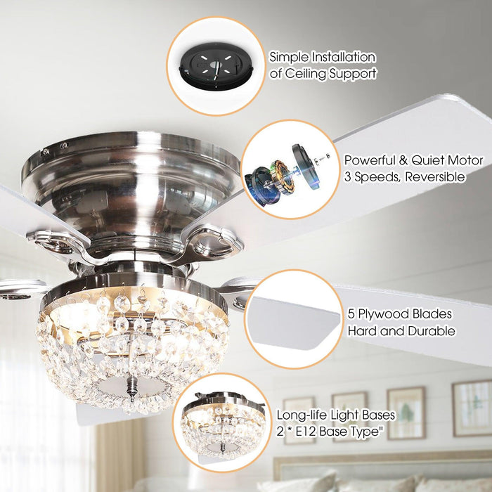 48" Modern Flush Mount Reversible Crytsal Ceiling Fan with Lighting and Remote Control - Sweatfully