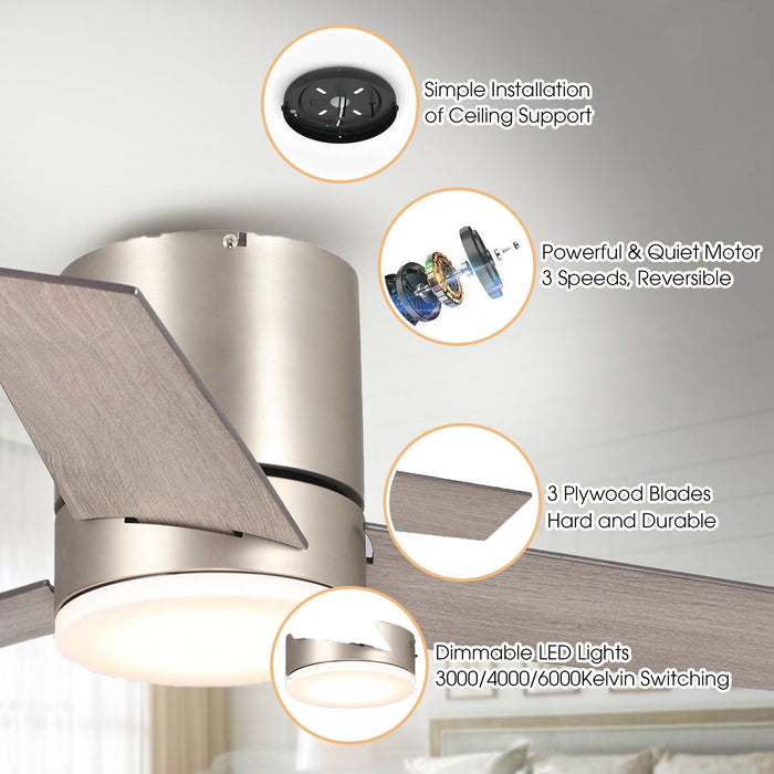 48" Satin Nickel Flush Mount Low Profile Ceiling Fan with LED Lighting - Sweatfully