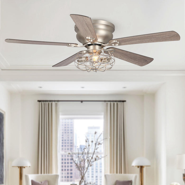 48" Thurber Industrial Satin Nickel Flush Mount Reversible Ceiling Fan with Lighting and Remote Control - Sweatfully