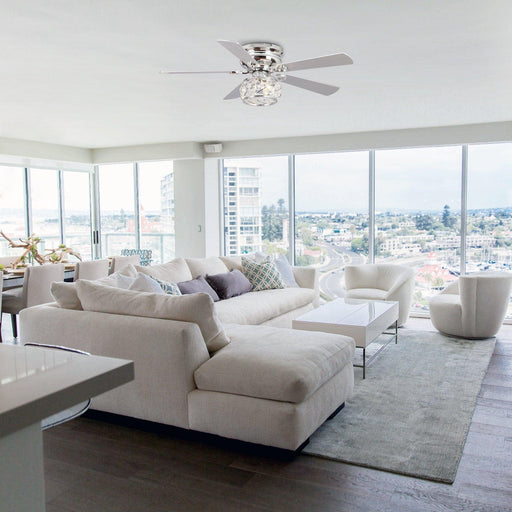 48" Modern Chrome Flush Mount Reversible Crystal Ceiling Fan with Lighting and Remote Control - Sweatfully