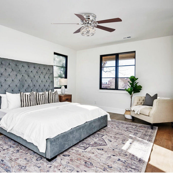 48" Modern Chrome Flush Mount Reversible Crystal Ceiling Fan with Lighting and Remote Control - Sweatfully