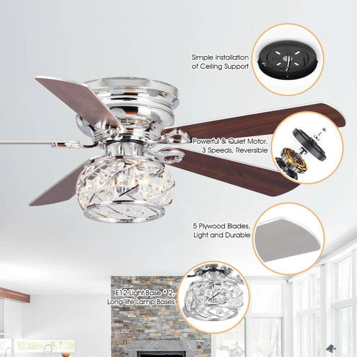 48" Modern Chrome Flush Mount Reversible Crystal Ceiling Fan with Lighting and Remote Control - Sweatfully