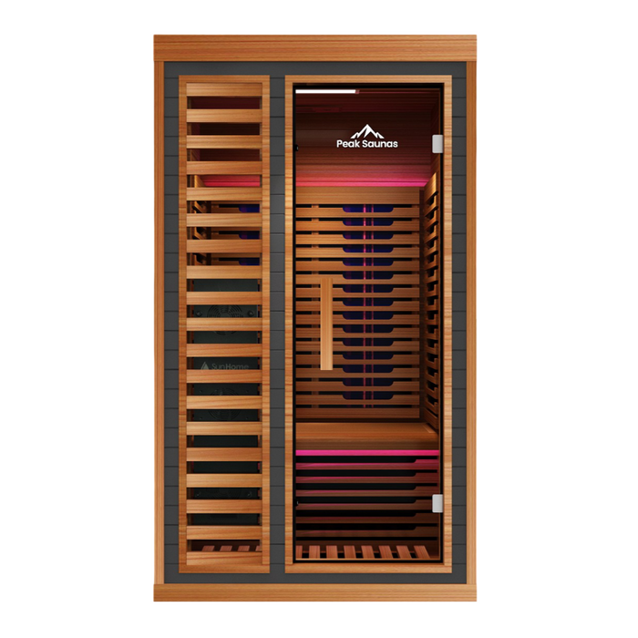 Peak Saunas Rainier 1-Person Indoor Full Spectrum Infrared Sauna with XL Medical-Grade Red Light Therapy & Smart WiFi App Control - Sweatfully