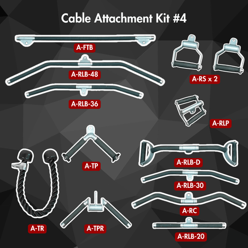 Complete Cable Attachment Kit #4 - Muscle D Fitness - Triceps Rope - Lat Bar - Single Handles - Low Row Bar - Training Bar - Sweatfully