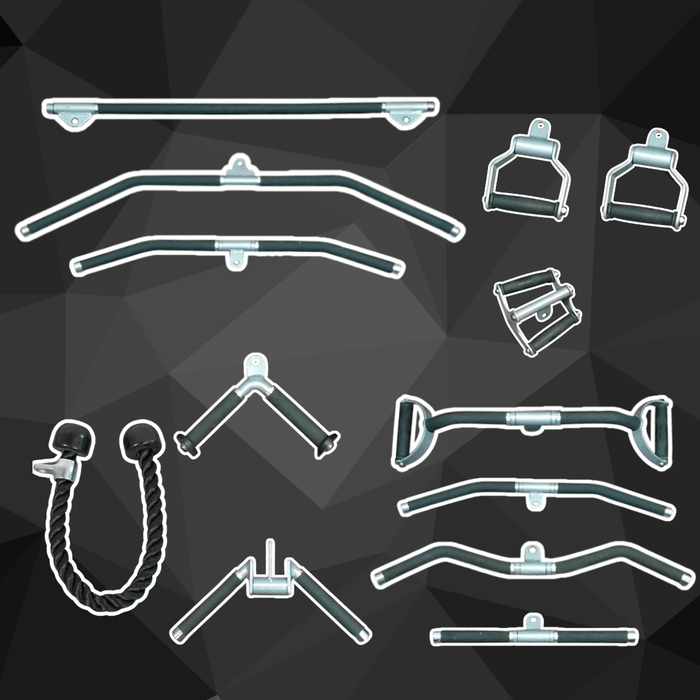 Complete Cable Attachment Kit #4 - Muscle D Fitness - Triceps Rope - Lat Bar - Single Handles - Low Row Bar - Training Bar - Sweatfully