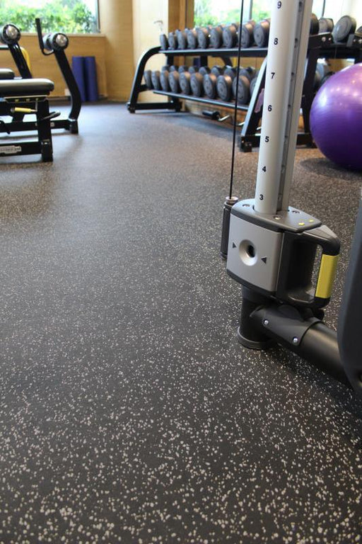 Rubber Gym Flooring - Black with Gray Fleck - Muscle D Fitness - 6m & 8mm Thickness - Sweatfully