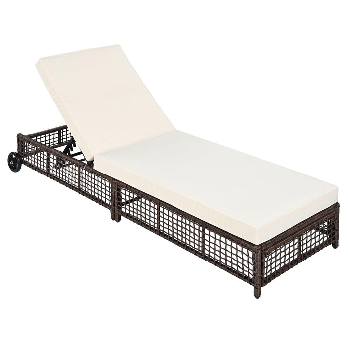 Outdoor Lounge Chair, Patio Chaise Lounge with 5-Position Backrest, Rattan Outdoor Lounge Chair with Cushion and Wheels for Poolside, Backyard, Garden - Sweatfully