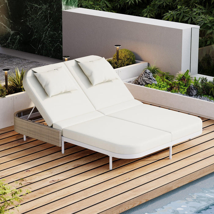 Outdoor Daybed, Patio Rattan Daybed with 5-Position Adjustable Backrest and Removable Cushions & Pillows for Garden, Backyard, Poolside - Sweatfully
