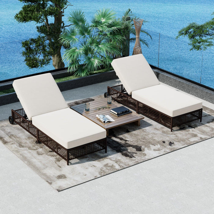 Outdoor Lounge Chair, Patio Chaise Lounge with 5-Position Backrest, Rattan Outdoor Lounge Chair with Cushion and Wheels for Poolside, Backyard, Garden - Sweatfully