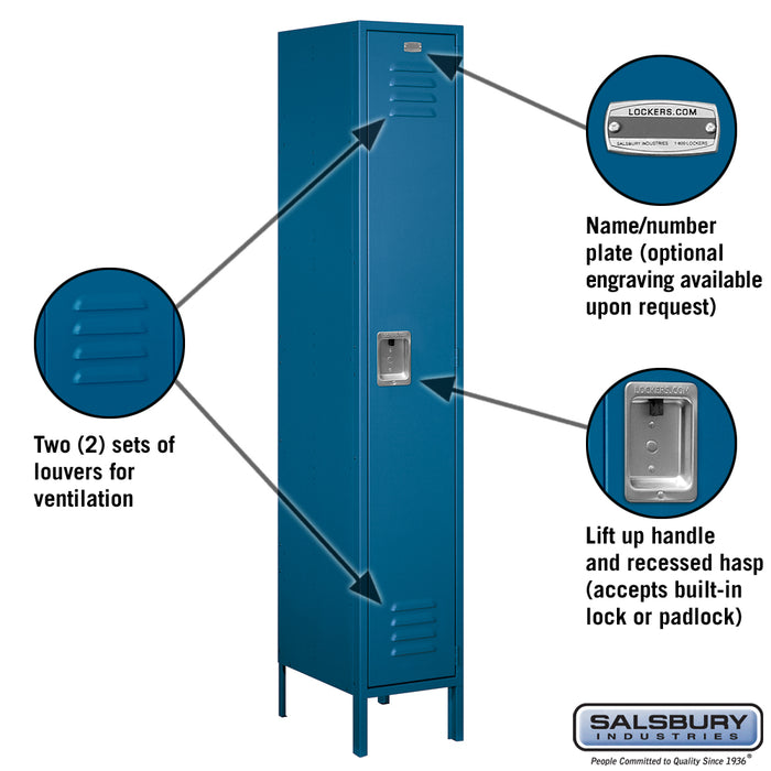 Salsbury 15" Wide Single Tier Standard Metal Locker - 1 Wide - 6 Feet High - 15 Inches Deep - Blue - Assembled - Sweatfully