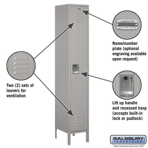 Salsbury 15" Wide Single Tier Standard Metal Locker - 1 Wide - 6 Feet High - 15 Inches Deep - Gray - Assembled - Sweatfully