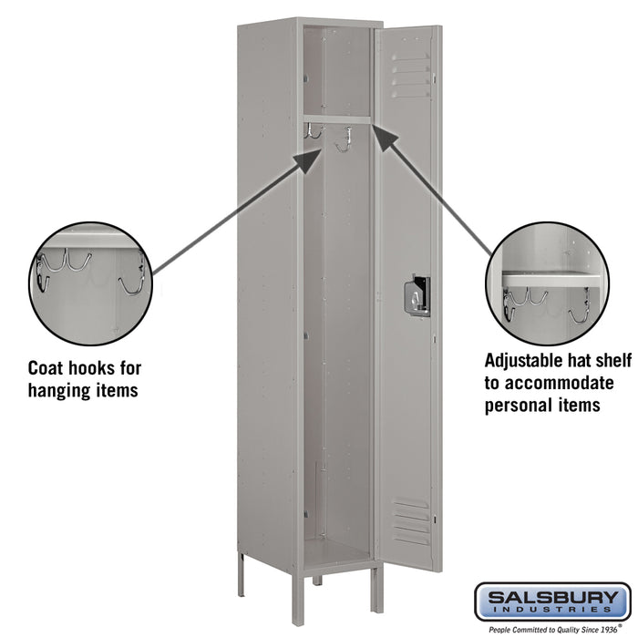 Salsbury 15" Wide Single Tier Standard Metal Locker - 1 Wide - 6 Feet High - 15 Inches Deep - Gray - Assembled - Sweatfully