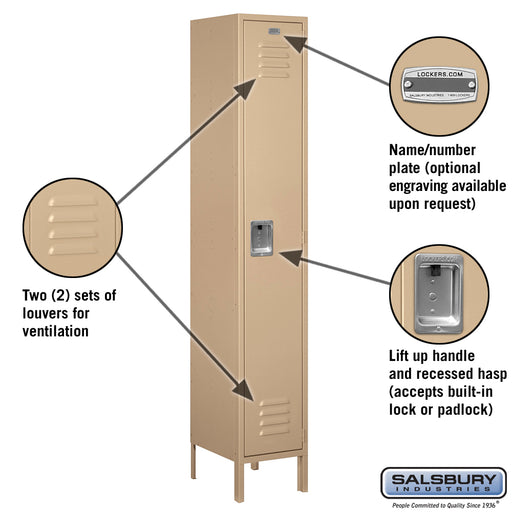 Salsbury 15" Wide Single Tier Standard Metal Locker - 1 Wide - 6 Feet High - 15 Inches Deep - Tan - Assembled - Sweatfully