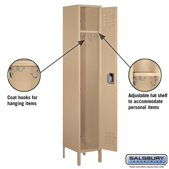Salsbury 15" Wide Single Tier Standard Metal Locker - 1 Wide - 6 Feet High - 15 Inches Deep - Tan - Assembled - Sweatfully