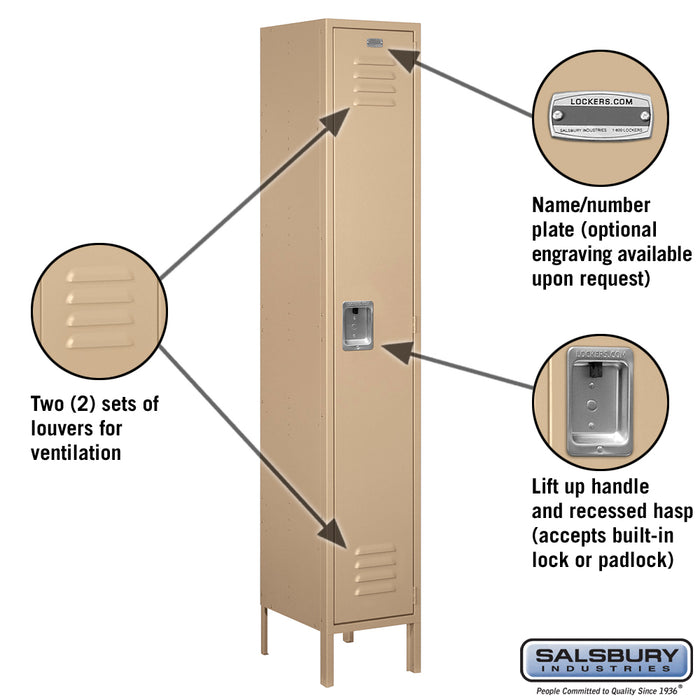 Salsbury 15" Wide Single Tier Standard Metal Locker - 1 Wide - 6 Feet High - 15 Inches Deep - Tan - Unassembled - Sweatfully