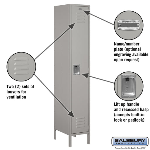 Salsbury 15" Wide Single Tier Standard Metal Locker - 1 Wide - 6 Feet High - 18 Inches Deep - Gray - Assembled - Sweatfully