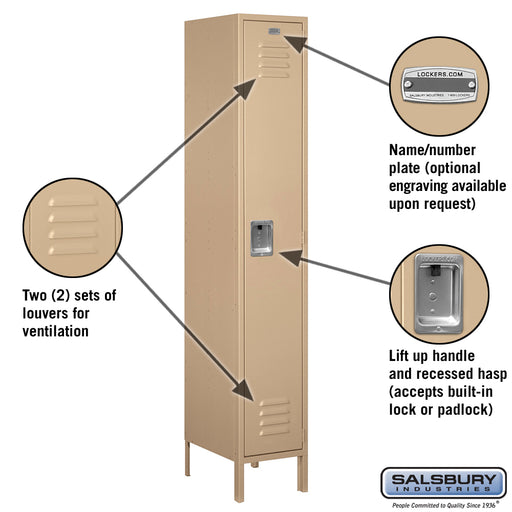 Salsbury 15" Wide Single Tier Standard Metal Locker - 1 Wide - 6 Feet High - 18 Inches Deep - Tan - Assembled - Sweatfully