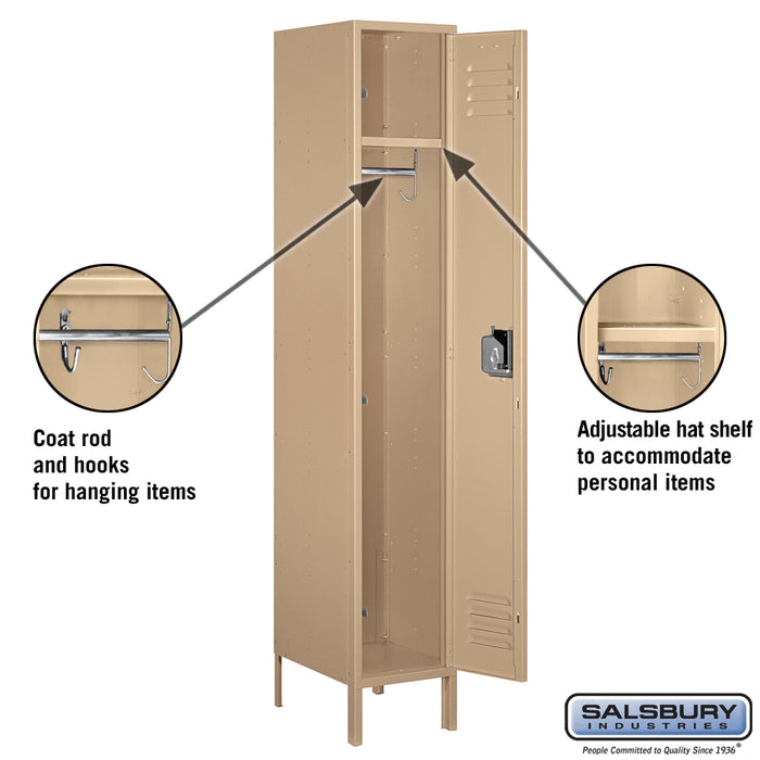 Salsbury 15" Wide Single Tier Standard Metal Locker - 1 Wide - 6 Feet High - 18 Inches Deep - Tan - Assembled - Sweatfully