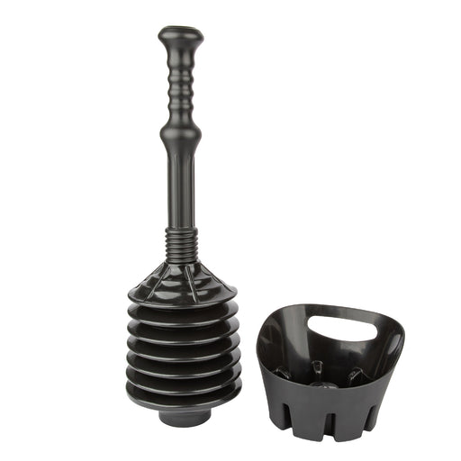 Antimicrobial Bellows Accordion Toilet Plunger with Black Storage Tray (Black) - Sweatfully