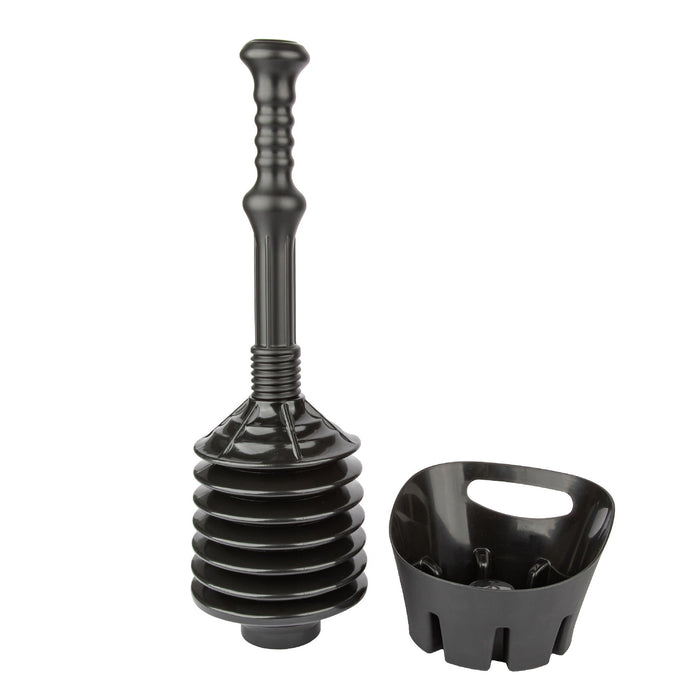 Antimicrobial Bellows Accordion Toilet Plunger with Black Storage Tray (Black) - Sweatfully