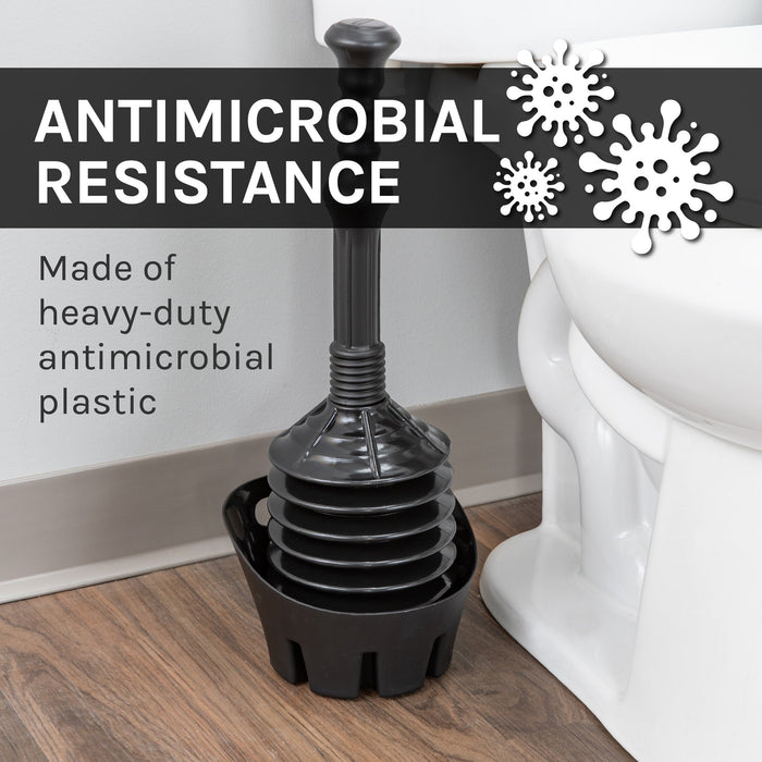 Antimicrobial Bellows Accordion Toilet Plunger with Black Storage Tray (Black) - Sweatfully
