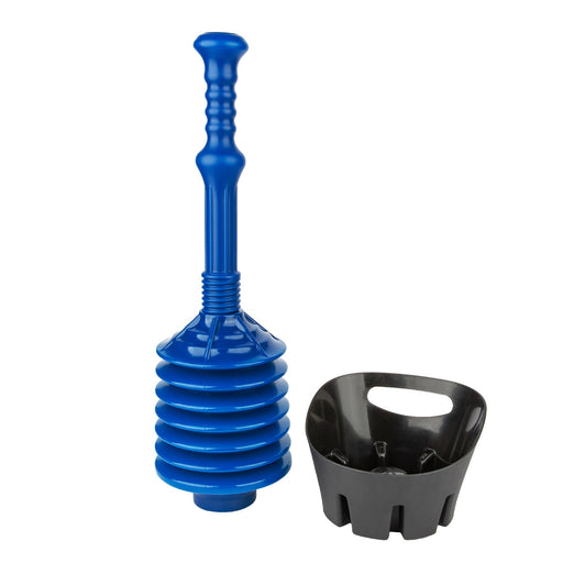 Antimicrobial Bellows Accordion Toilet Plunger with Black Storage Tray (Blue) - Sweatfully