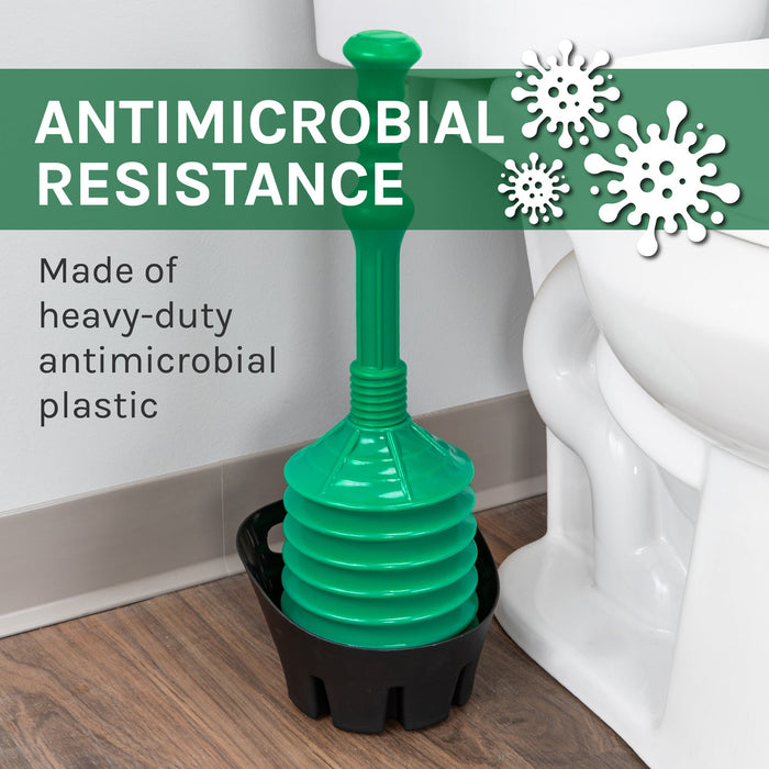 Antimicrobial Bellows Accordion Toilet Plunger with Black Storage Tray (Green) - Sweatfully