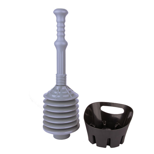 Antimicrobial Bellows Accordion Toilet Plunger with Black Storage Tray (Grey) - Sweatfully