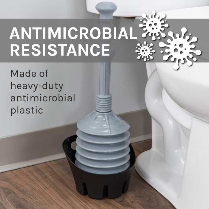 Antimicrobial Bellows Accordion Toilet Plunger with Black Storage Tray (Grey) - Sweatfully