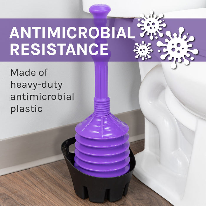 Antimicrobial Bellows Accordion Toilet Plunger with Black Storage Tray (Purple) - Sweatfully