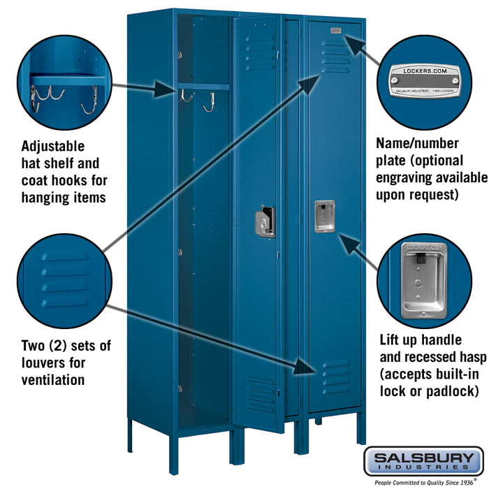 Salsbury 15" Wide Single Tier Standard Metal Locker - 3 Wide - 6 Feet High - 15 Inches Deep - Blue - Assembled - Sweatfully