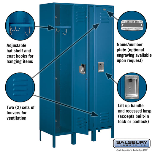 Salsbury 15" Wide Single Tier Standard Metal Locker - 3 Wide - 6 Feet High - 15 Inches Deep - Blue - Unassembled - Sweatfully