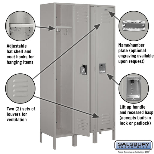 Salsbury 15" Wide Single Tier Standard Metal Locker - 3 Wide - 6 Feet High - 15 Inches Deep - Gray - Unassembled - Sweatfully