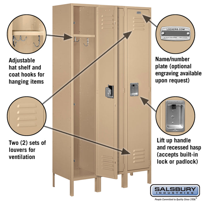 Salsbury 15" Wide Single Tier Standard Metal Locker - 3 Wide - 6 Feet High - 15 Inches Deep - Tan - Unassembled - Sweatfully