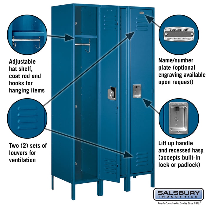 Salsbury 15" Wide Single Tier Standard Metal Locker - 3 Wide - 6 Feet High - 18 Inches Deep - Blue - Assembled - Sweatfully