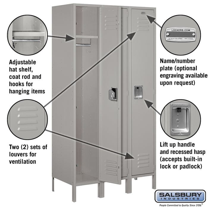 Salsbury 15" Wide Single Tier Standard Metal Locker - 3 Wide - 6 Feet High - 18 Inches Deep - Gray - Assembled - Sweatfully