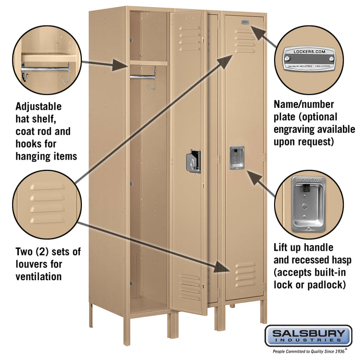 Salsbury 15" Wide Single Tier Standard Metal Locker - 3 Wide - 6 Feet High - 18 Inches Deep - Tan - Assembled - Sweatfully