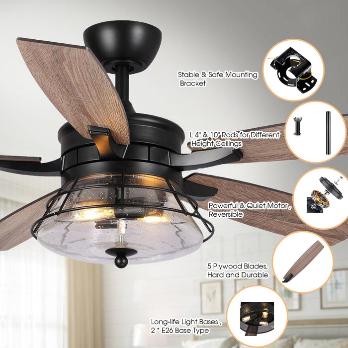52" Antone Industrial Downrod Mount Reversible Ceiling Fan with Lighting and Remote Control - Sweatfully