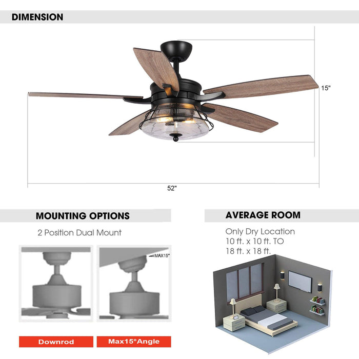 52" Antone Industrial Downrod Mount Reversible Ceiling Fan with Lighting and Remote Control - Sweatfully