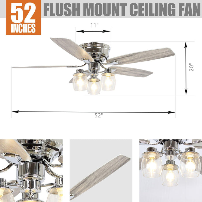 52" Bangatore Traditional Chrome Flush Mount Reversible Ceiling Fan with Lighting and Remote Control - Sweatfully