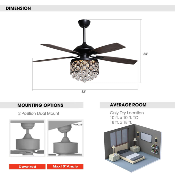 52" Berkshire Modern Downrod Mount Reversible Crystal Ceiling Fan with Lighting and Remote Control - Sweatfully