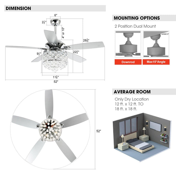 52" Berkshire Modern Downrod Mount Reversible Crystal Ceiling Fan with Lighting and Remote Control - Sweatfully