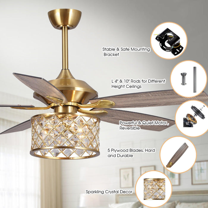 52" Cochin Modern Downrod Mount Reversible Crystal Ceiling Fan with Lighting and Remote Control - Sweatfully