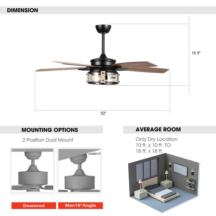 52" Coimbatore Farmhouse Downrod Mount Reversible Ceiling Fan with Lighting and Remote Control - Sweatfully