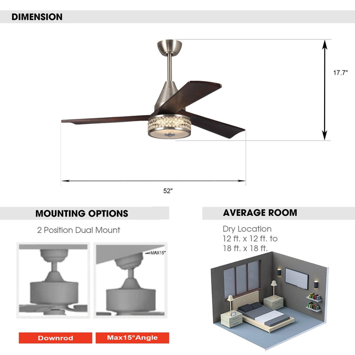 52" Farmhouse Satin Nickel Downrod Mount Reversible Crystal Ceiling Fan with Lighting and Remote Control - Sweatfully