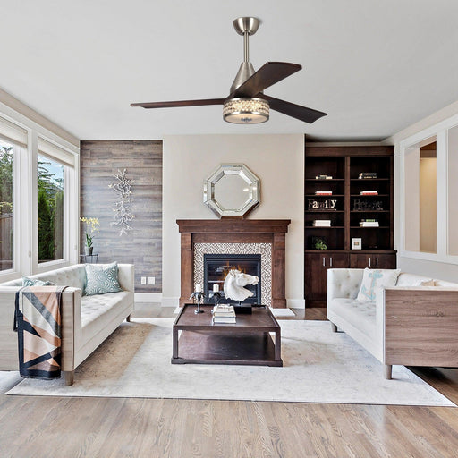 52" Farmhouse Satin Nickel Downrod Mount Reversible Crystal Ceiling Fan with Lighting and Remote Control - Sweatfully