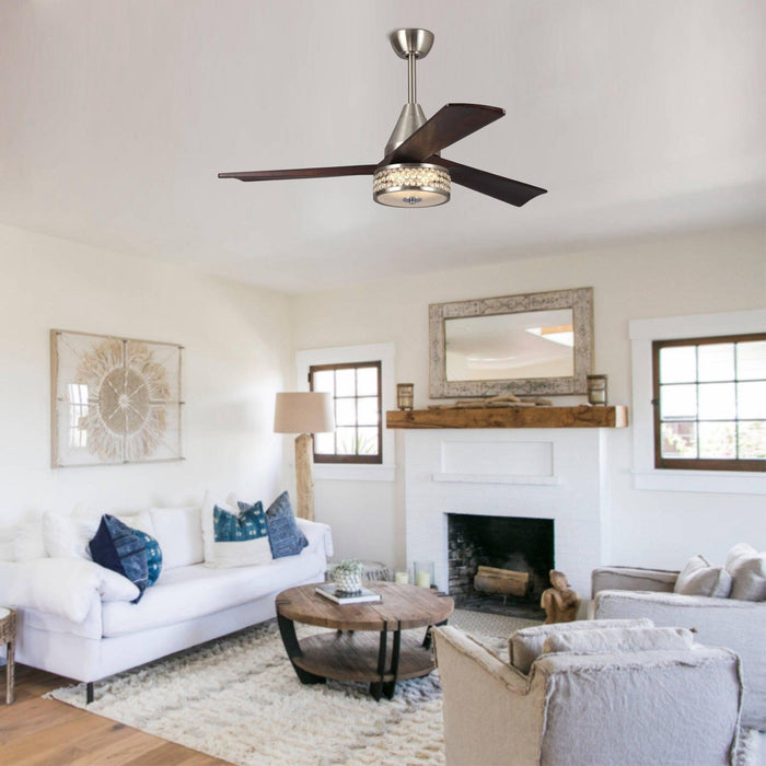 52" Farmhouse Satin Nickel Downrod Mount Reversible Crystal Ceiling Fan with Lighting and Remote Control - Sweatfully