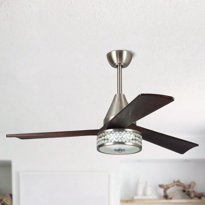 52" Farmhouse Satin Nickel Downrod Mount Reversible Crystal Ceiling Fan with Lighting and Remote Control - Sweatfully