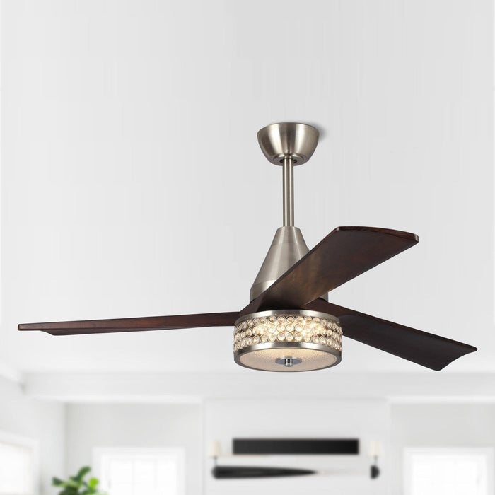 52" Farmhouse Satin Nickel Downrod Mount Reversible Crystal Ceiling Fan with Lighting and Remote Control - Sweatfully