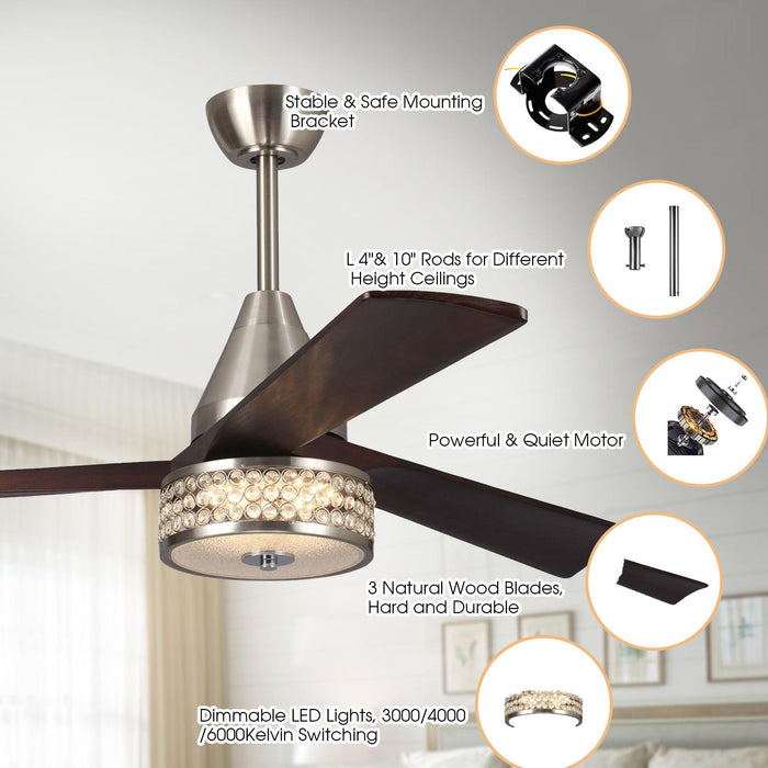 52" Farmhouse Satin Nickel Downrod Mount Reversible Crystal Ceiling Fan with Lighting and Remote Control - Sweatfully